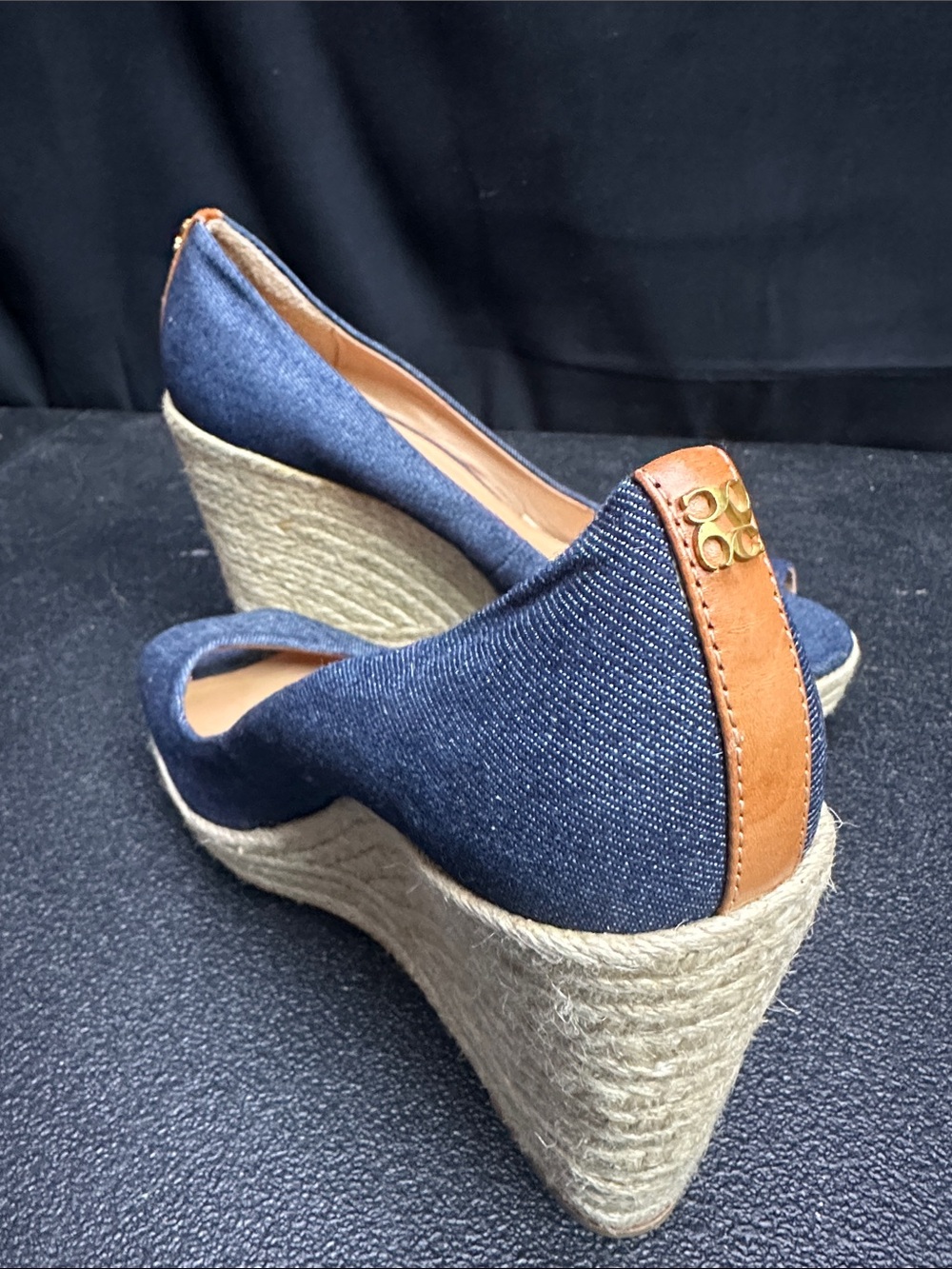 Coach Navy Denim Espadrille Wedges with Tan Leather Trim - Picture 6 of 9
